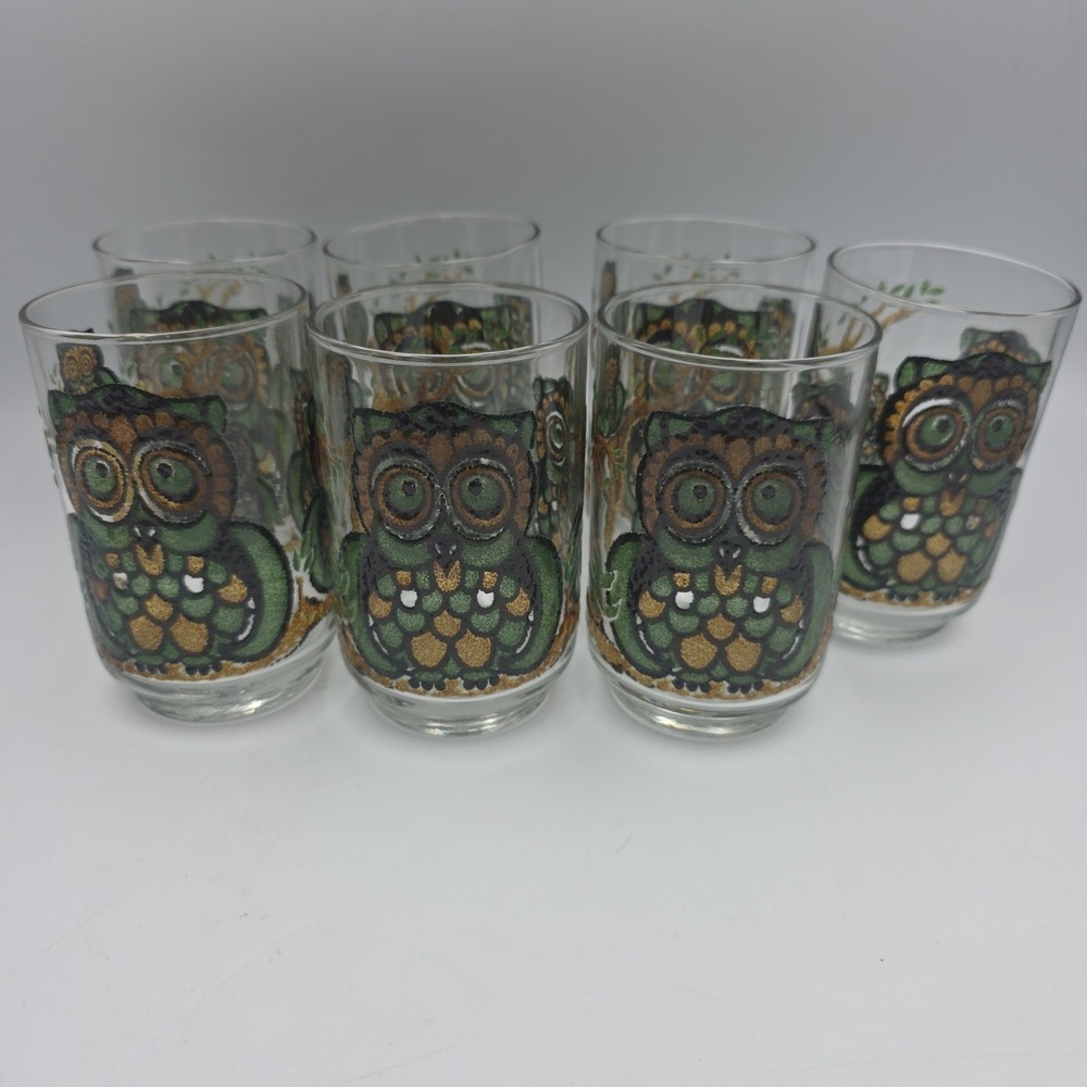 Vintage Libbey Owl Glasses Set Of 7 10 Oz Tumblers Mid Century Barware